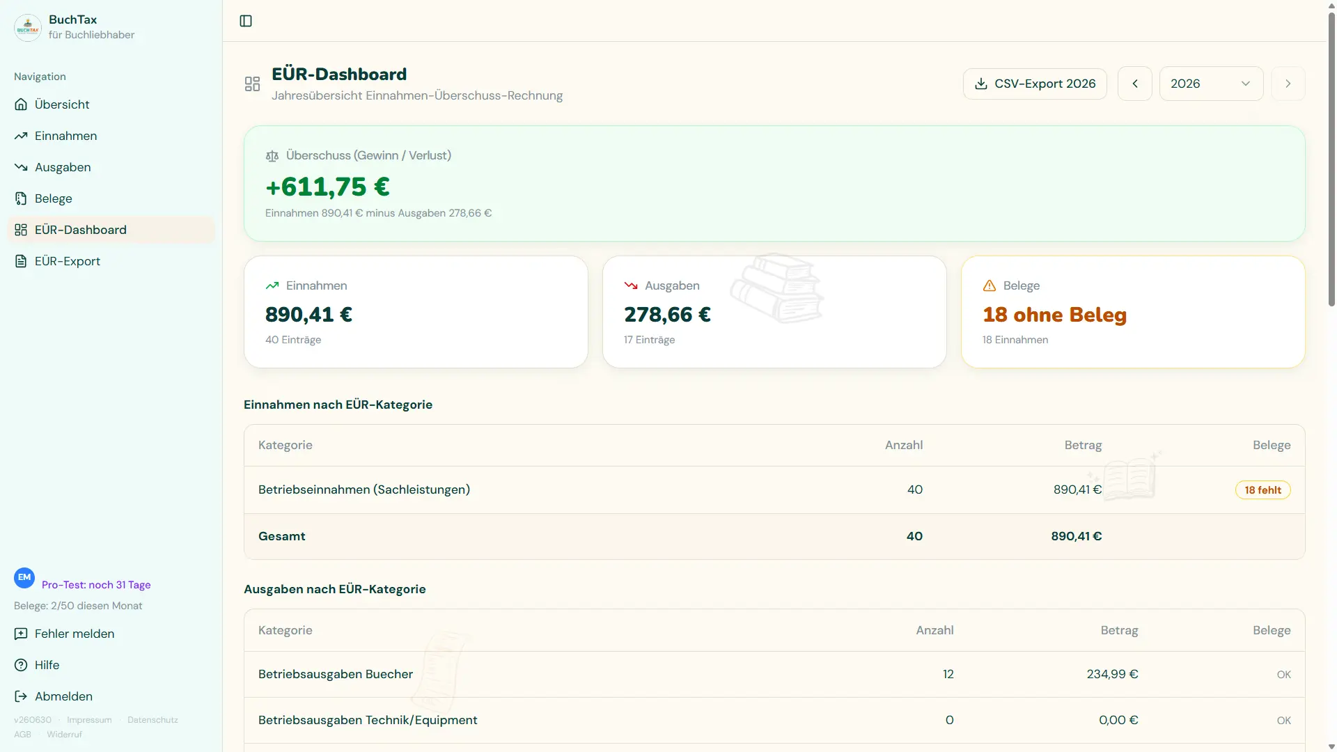 BuchTax App – EÜR-Dashboard
