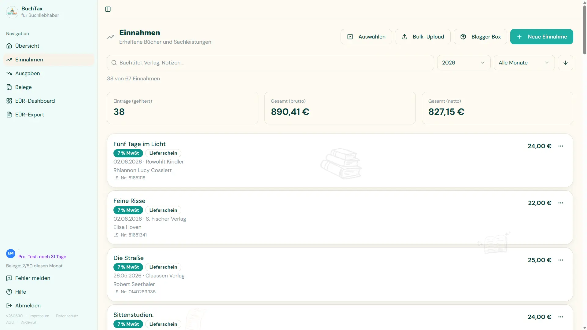 BuchTax App – Einnahmen erfassen
